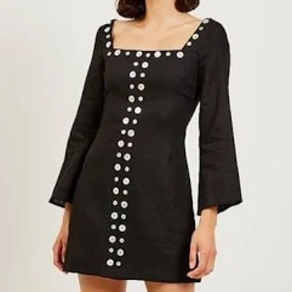 Staud Chiara Dress Linen Black Mother Of Pearl Buttonw Long Sleeve Women 6 - Picture 1 of 13